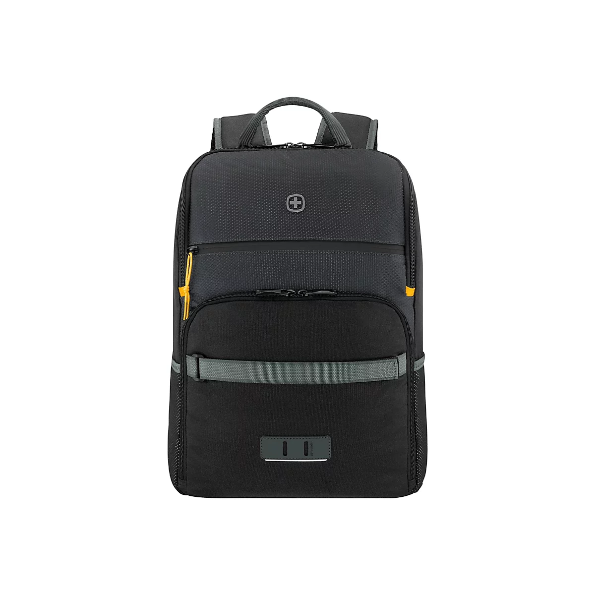 Schwarzer Rucksack mit grauen und gelben Akzenten. Oben das Logo des Herstellers.