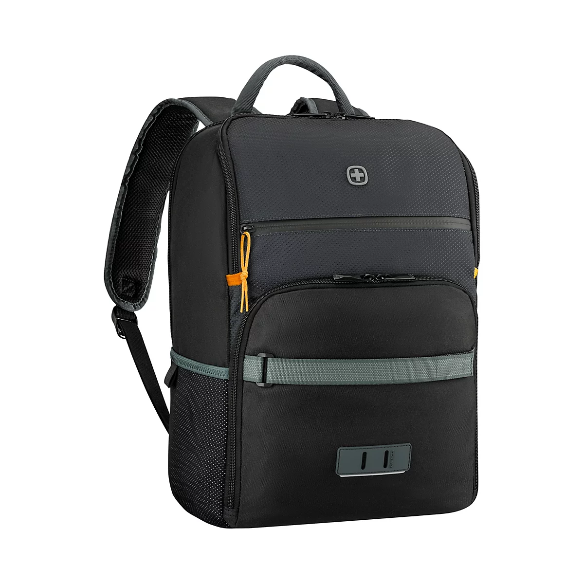 Schwarzer Rucksack mit grauen und orangenen Akzenten, Reißverschlüssen und Tragegurten. Oben ein Griff.
