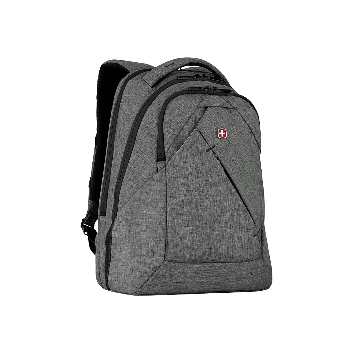 Grauer Rucksack mit schwarzer Umrandung. Auf der Front befindet sich ein rotes Logo.