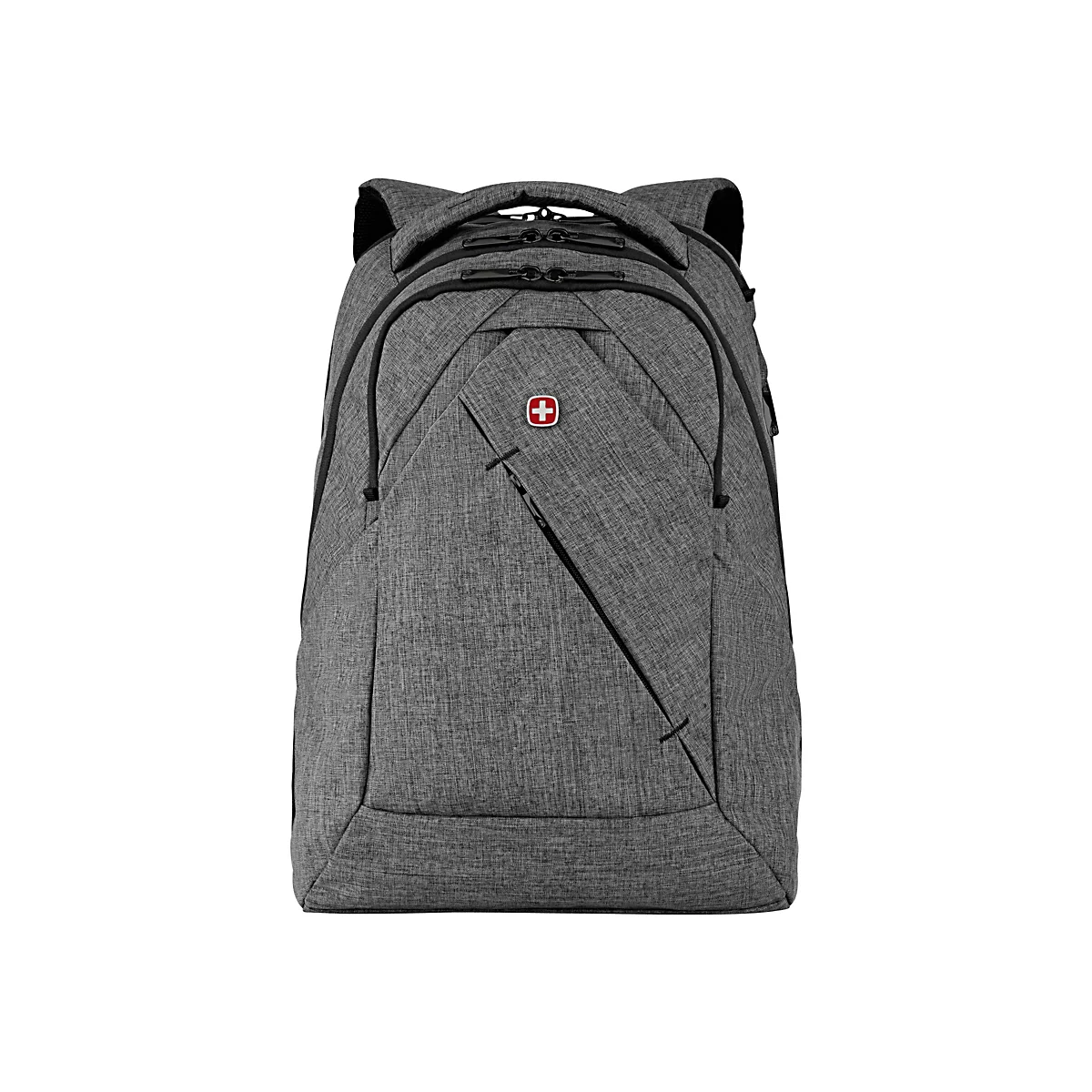 Grauer Rucksack mit dem Schweizer Kreuz.