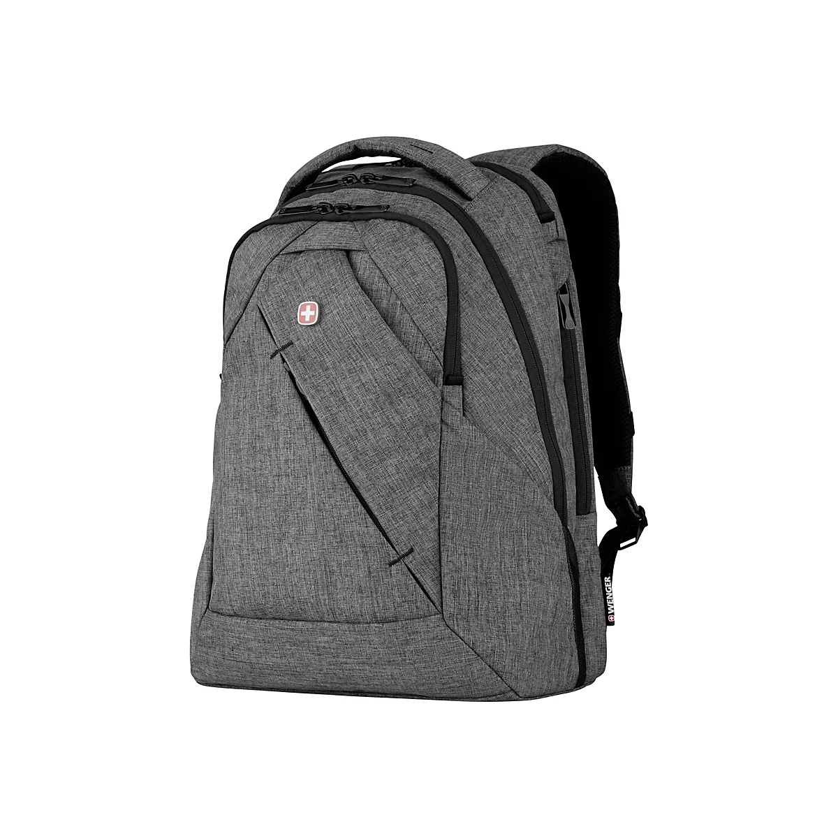 Grauer Rucksack mit Reißverschlüssen und Logo.