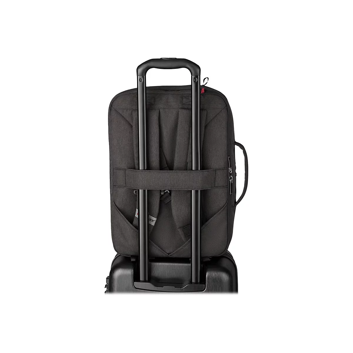 Dunkelgrauer Trolley-Rucksack mit schwarzem Gestänge, auf weißem Hintergrund.