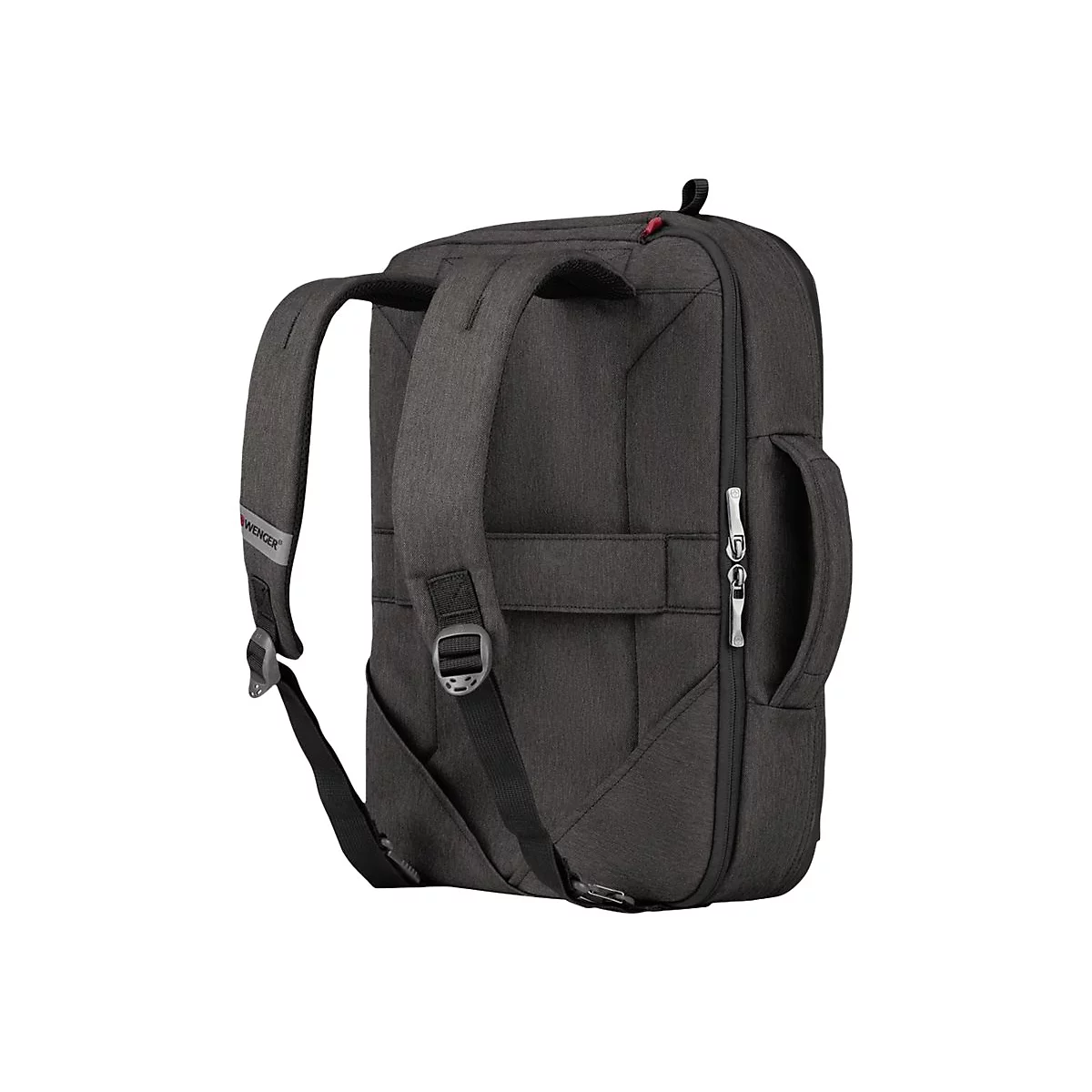 Dunkelgrauer Rucksack von Wenger mit silbernen Reißverschlüssen und Tragegriffen, detailreich.