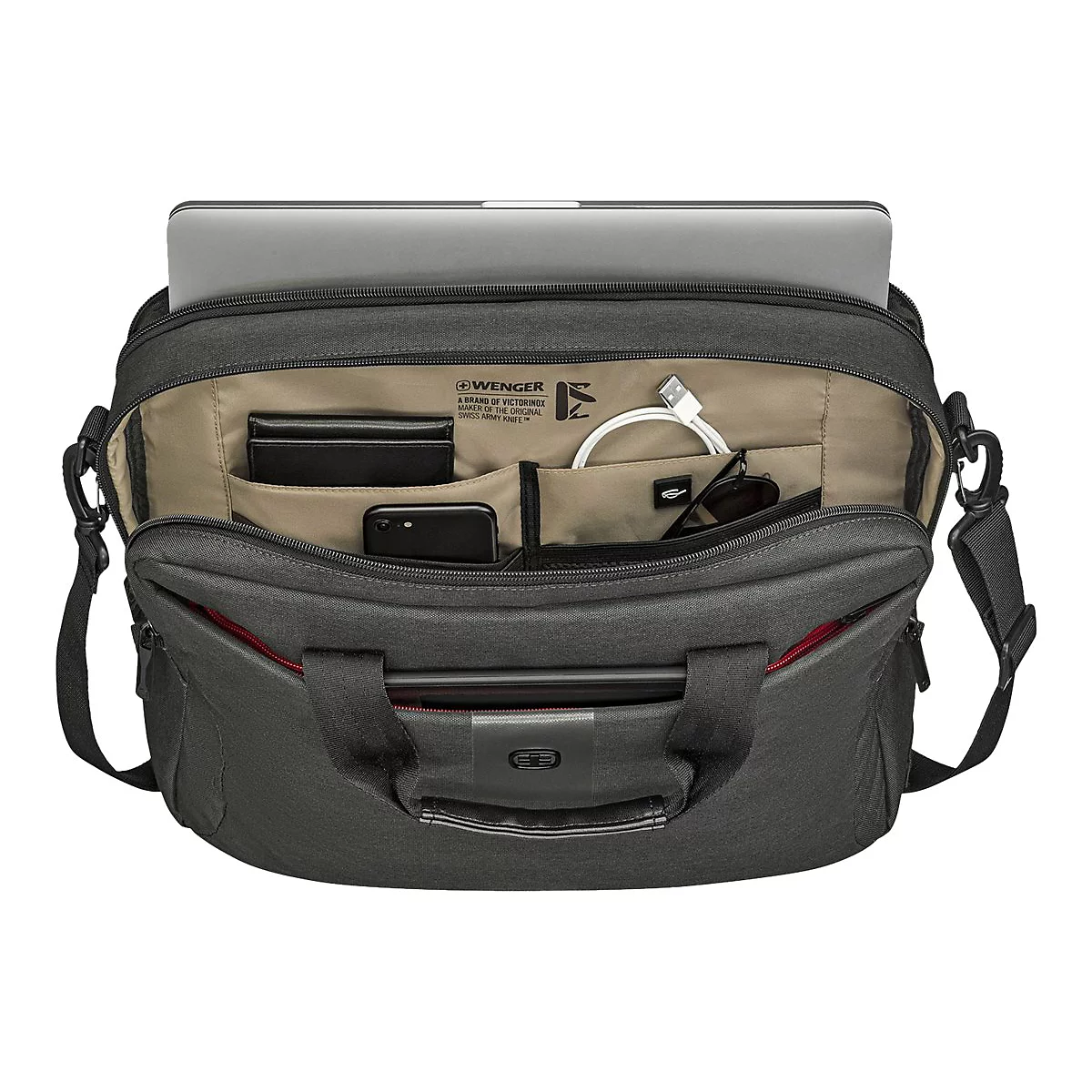 Eine offene, graue Laptoptasche mit einem Laptop, einem schwarzen Portemonnaie, einem Telefon, Sonnenbrille und Zubehör.