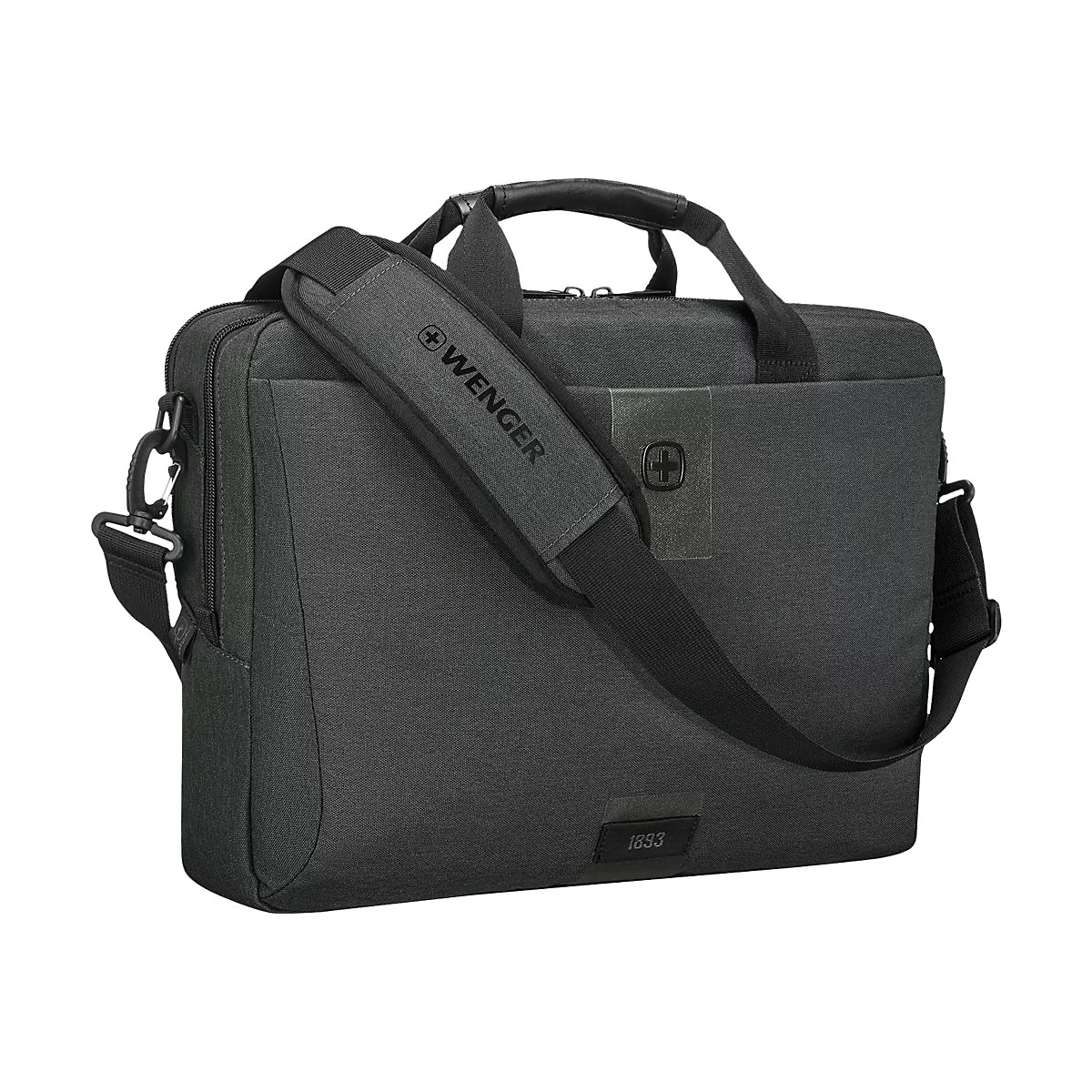 Dunkelgraue Laptoptasche mit Tragegriff und Schulterriemen. Auf dem Riemen steht 'Wenger'. Unten steht '1893'.