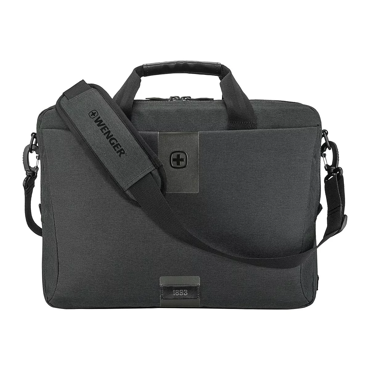 Dunkelgraue Laptoptasche mit Tragegriff und Schulterriemen. Auf dem Riemen steht "Wenger". Auf der Tasche ist ein Pluszeichen.