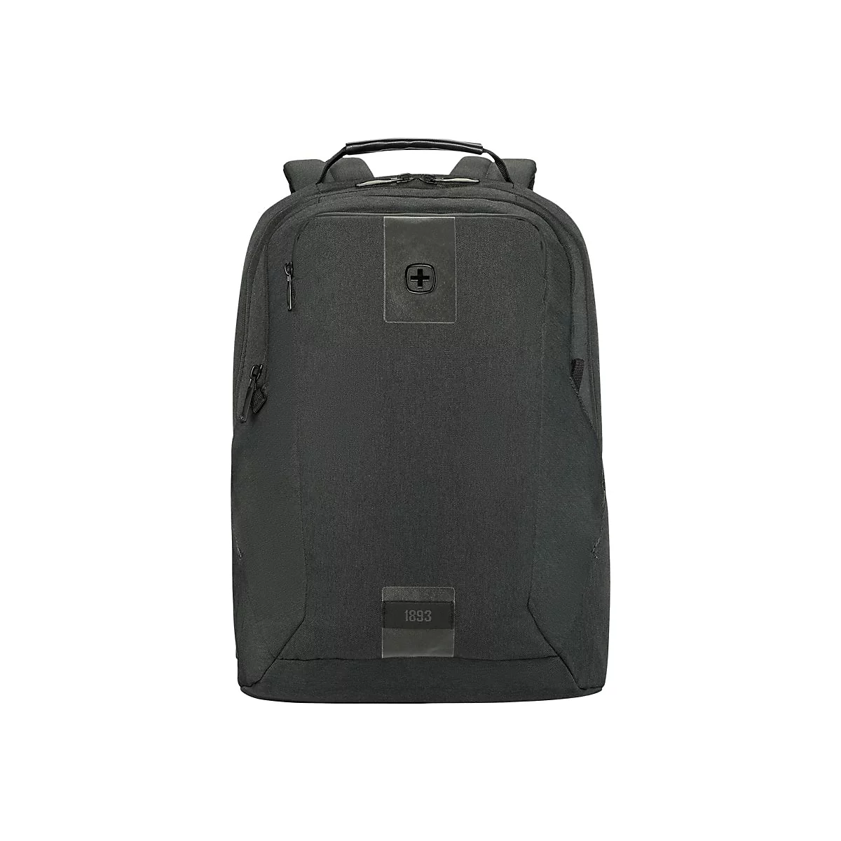 Dunkelgrauer Rucksack, Schweizer Kreuz Logo, Reißverschlüsse, gepolsterte Träger. Aufschrift "1893".