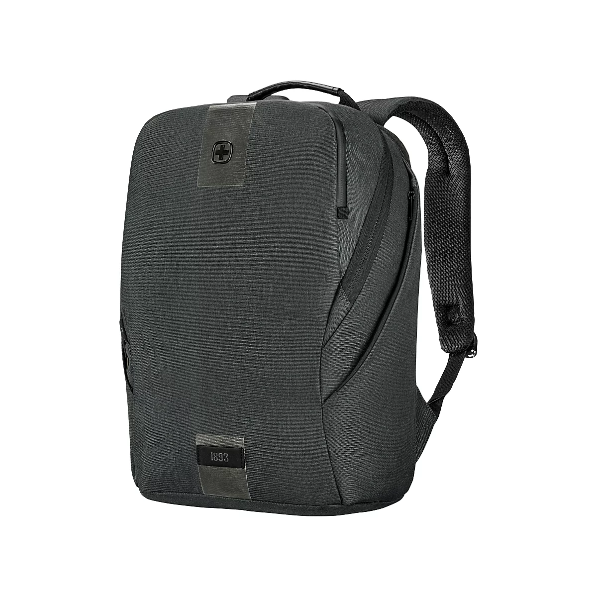 Dunkelgrauer Rucksack. Oben Logo mit Kreuz, unten Aufschrift '1893'. Schwarze Reißverschlüsse und Trageriemen.