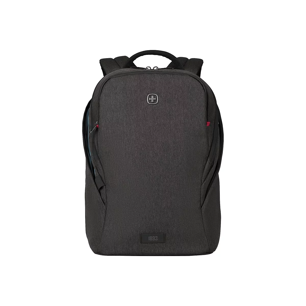 Dunkelgrauer Rucksack, Schweizer Kreuz Logo, Jahr 1893 am unteren Rand. Schwarzer Griff und Reißverschluss.