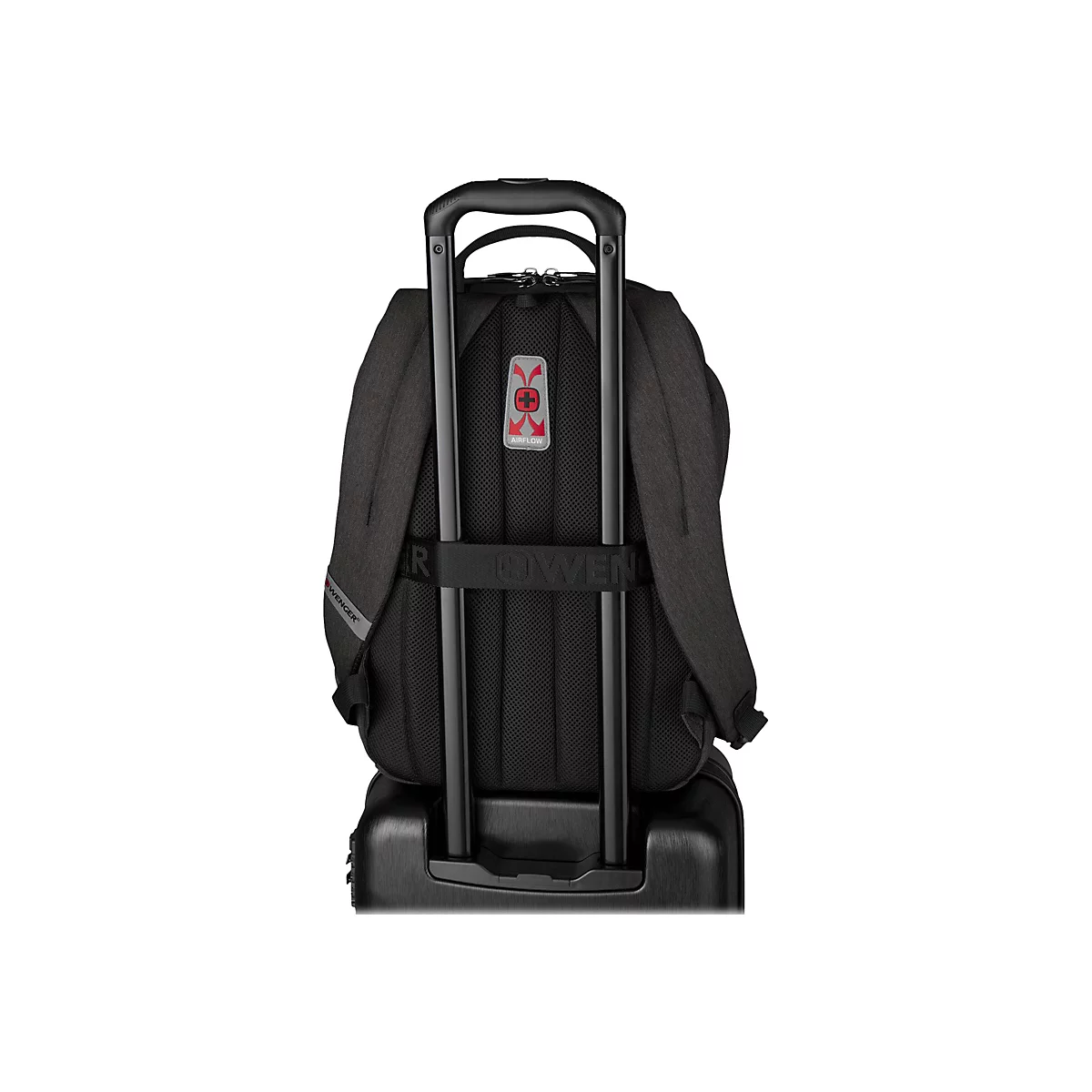 Schwarzer Rucksack mit Trolley-Funktion. Auf der Rückseite ist ein Airflow-System mit Logo zu sehen.