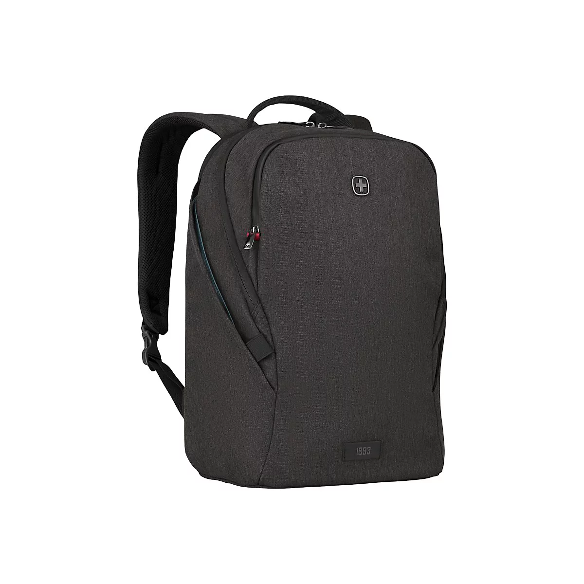 Dunkelgrauer Rucksack, Schweizer Kreuz Logo, Reißverschluss, Griff.