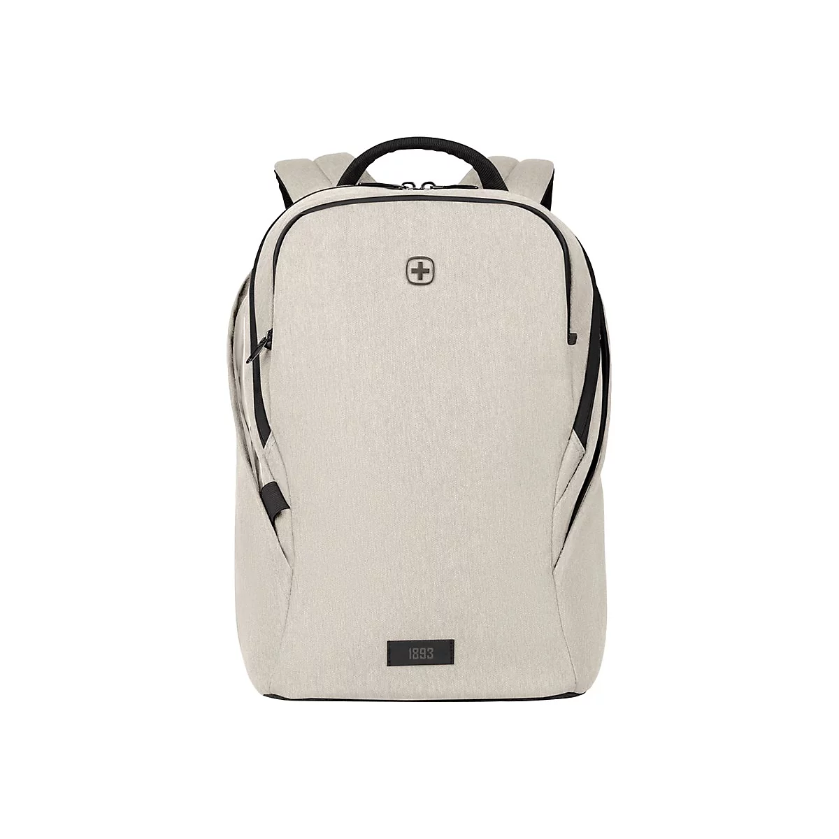 Beigefarbener Rucksack mit schwarzen Details und Logo.