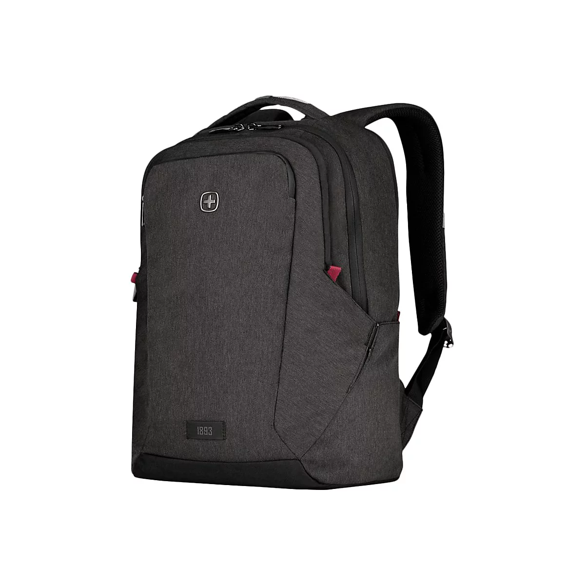 Dunkelgrauer Rucksack mit rotem Akzent. Auf der Vorderseite befindet sich ein Logo, darunter steht 1893.