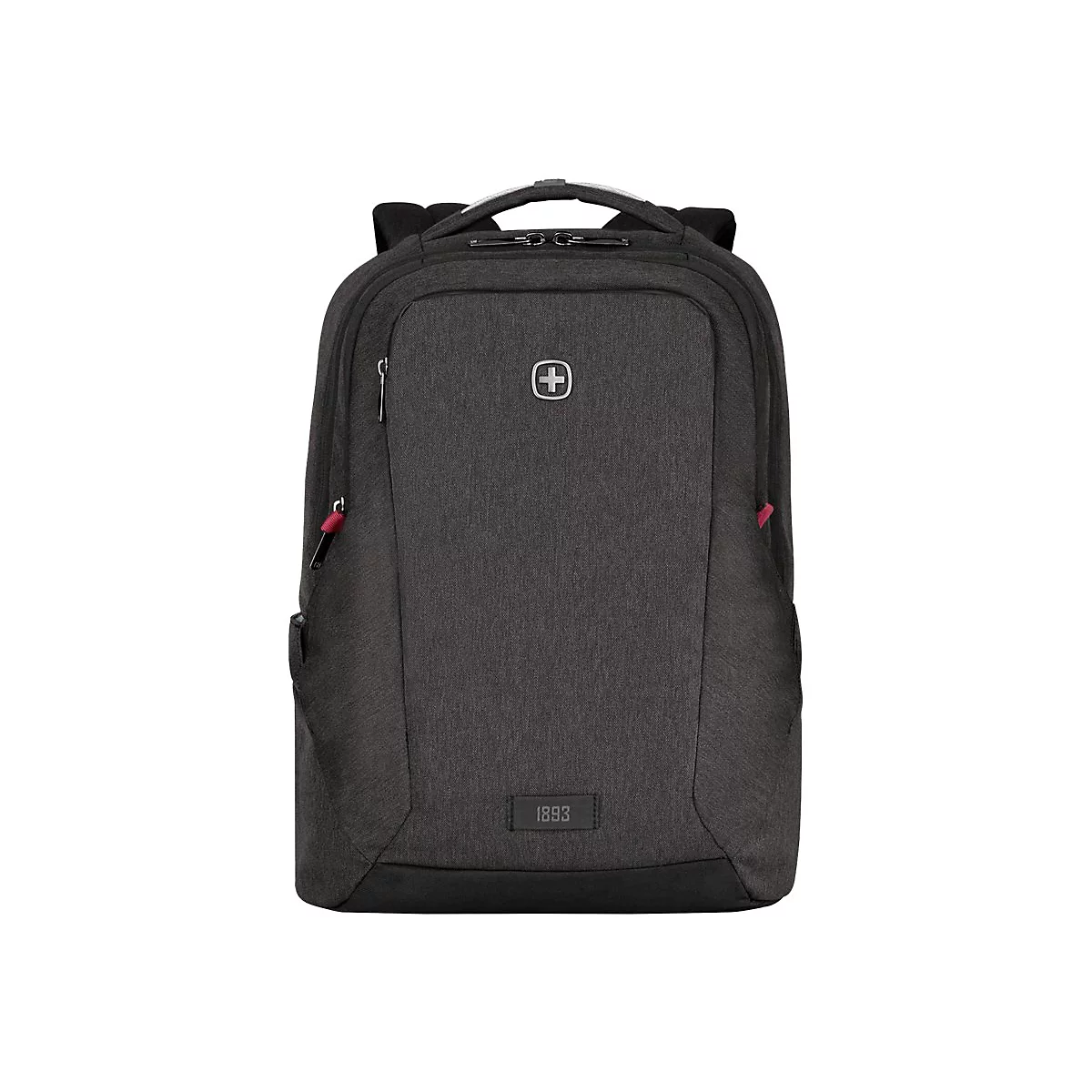 Dunkelgrauer Rucksack mit Schweizer Kreuz. Reißverschlüsse rot akzentuiert, darunter Schriftzug '1893'.
