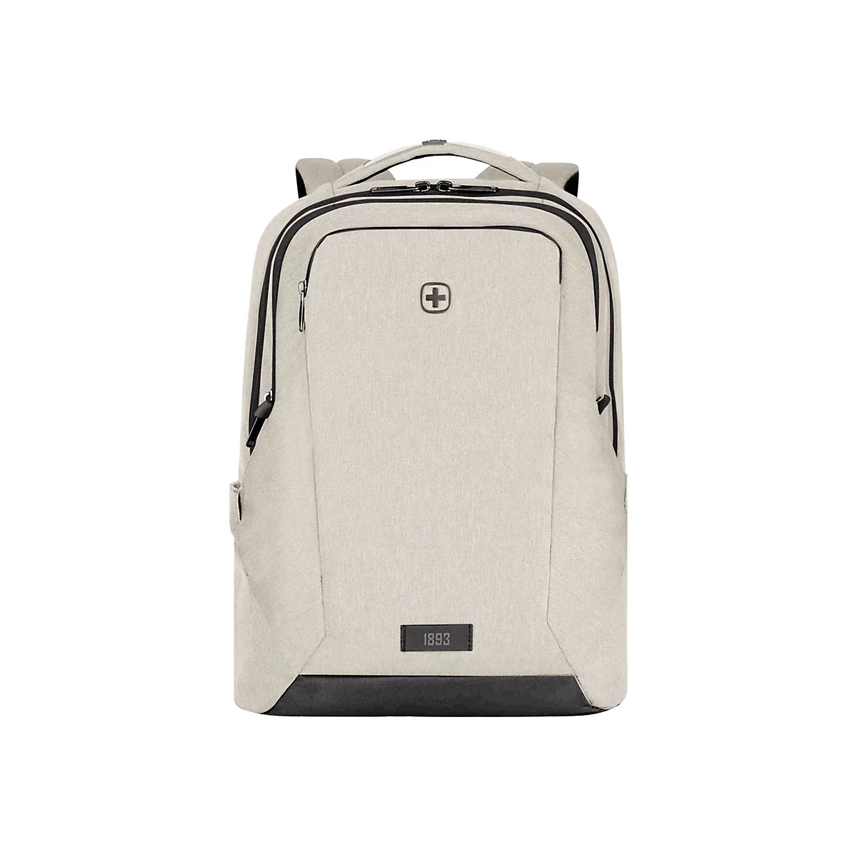 Beigefarbener Wenger-Rucksack vor weißem Hintergrund mit schwarzem Logo und der Prägung 1893.