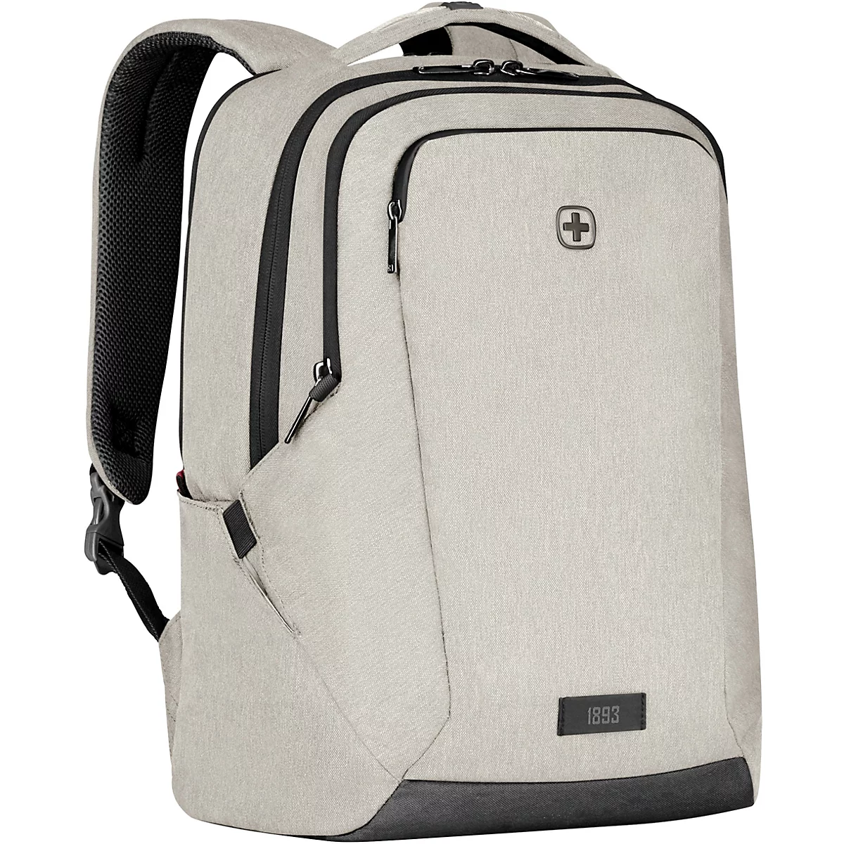 Beigefarbener Rucksack mit schwarzen Reißverschlüssen und Akzenten. Swiss Logo und „1893“ Schriftzug auf der Front.