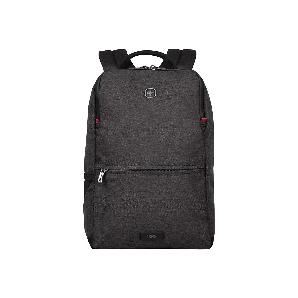 Dunkelgrauer Rucksack mit Swissgear-Logo. Reißverschlüsse, gepolsterte Gurte. Unten steht "1893".