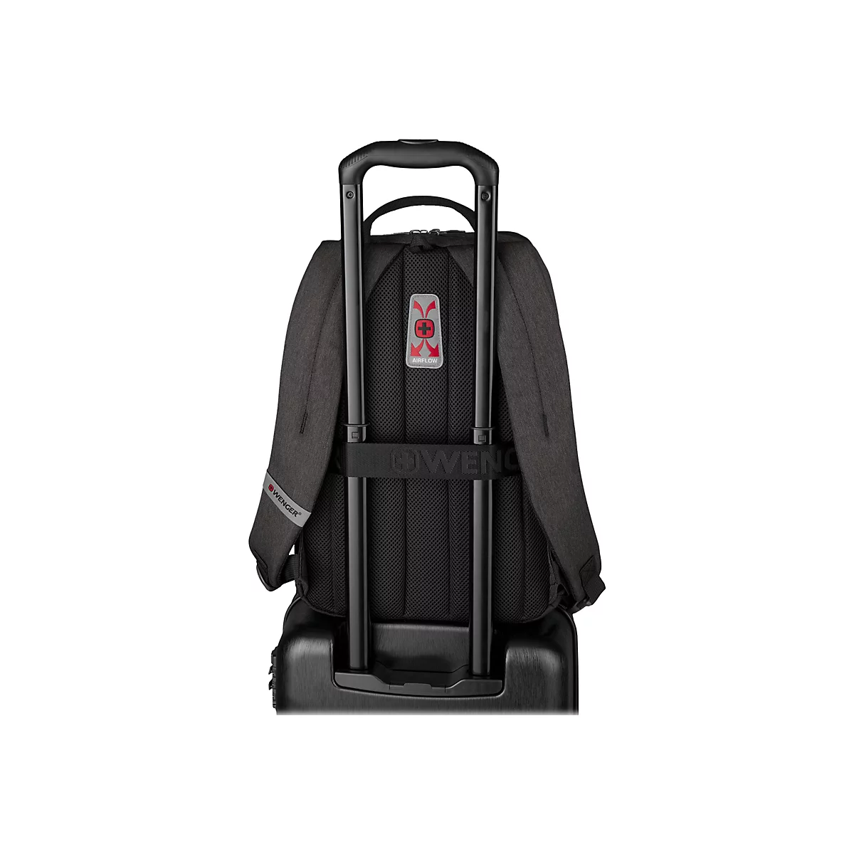 Dunkelgrauer Trolley-Rucksack von Wenger. Schwarze Griffe und Rollen, rotes Airflow-Logo.