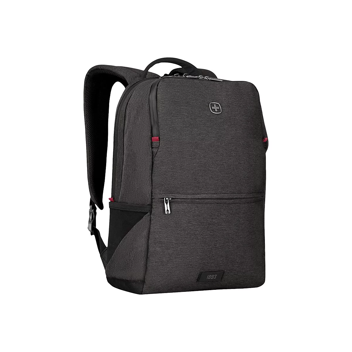 Dunkelgrauer Rucksack mit roten Akzenten. Oben das Schweizer Kreuz. Am Boden steht '1893'.