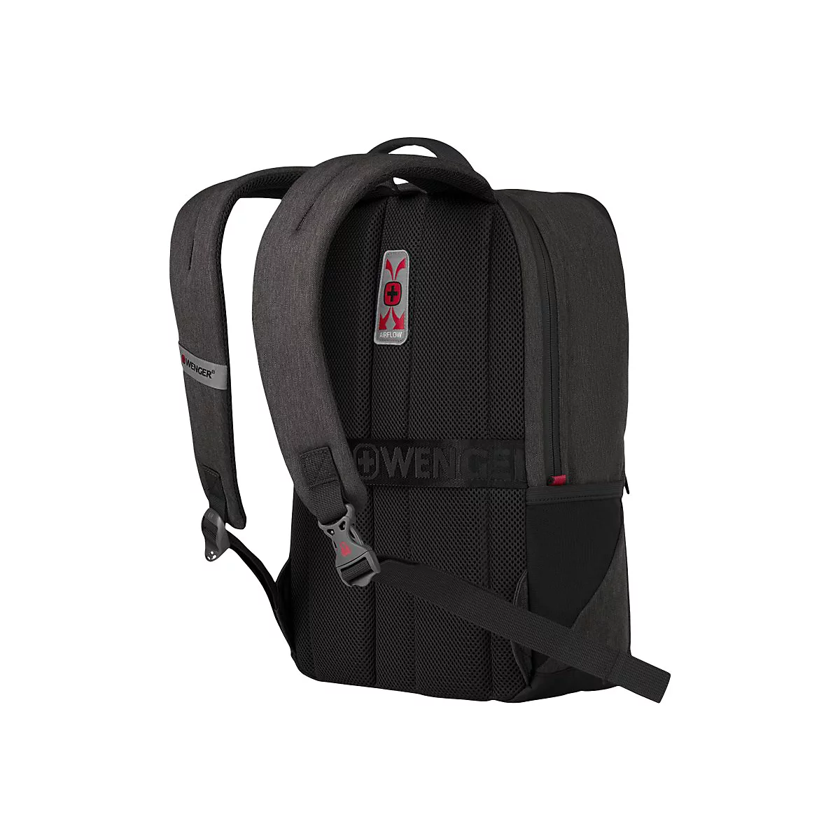 Dunkelgrauer Rucksack mit 'Wenger'-Logo. Details: gepolsterte Gurte, 'Airflow'-Belüftung, schwarzes Netzmaterial.