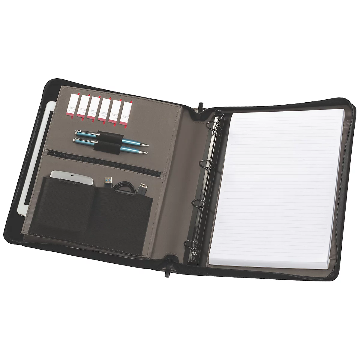 Black leather folder, open, with tablet, pens, USB cable, notepaper, and index cards.