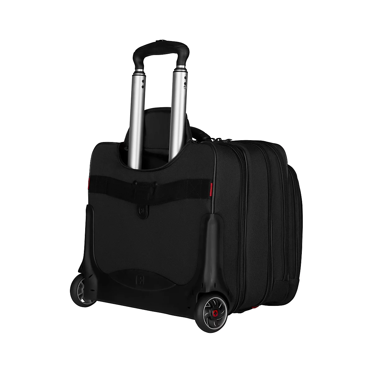 Black trolley suitcase, side view, with extendable handle and wheels.