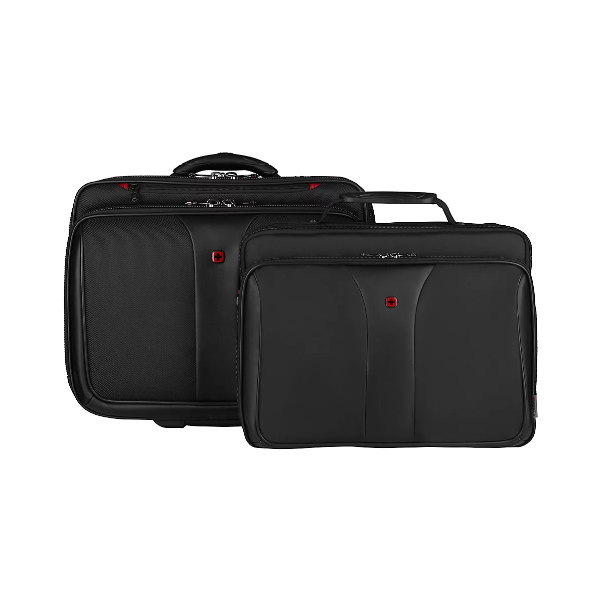Two black briefcases against a white background. The left one is larger and has a handle. Both have red accents.