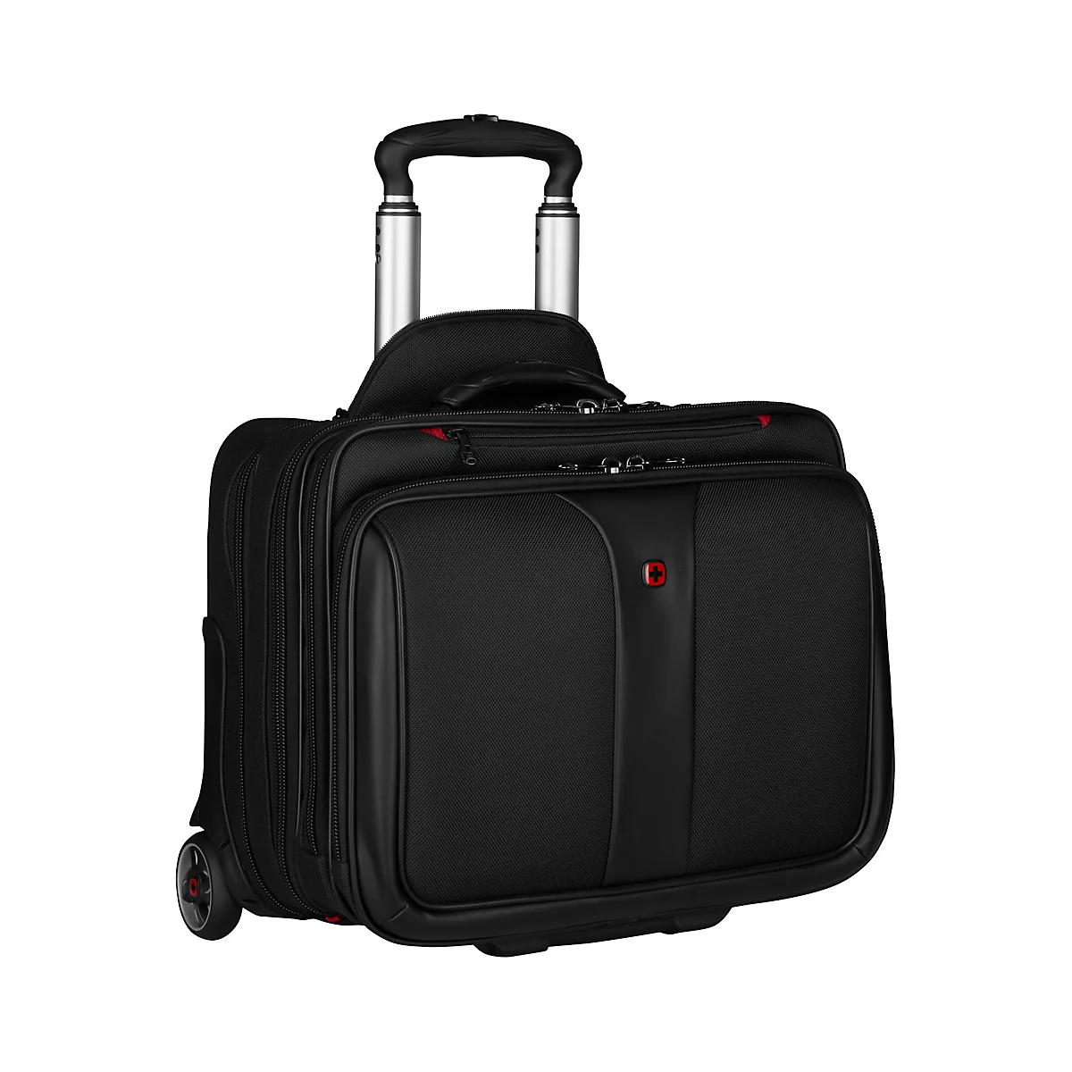 Black rolling suitcase with handle, wheels, and red logo. On a white background.