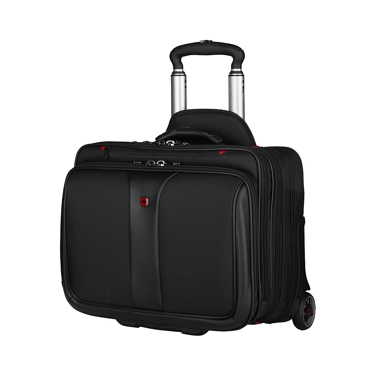 Black rolling suitcase with extendable handle and red details. On a white background.