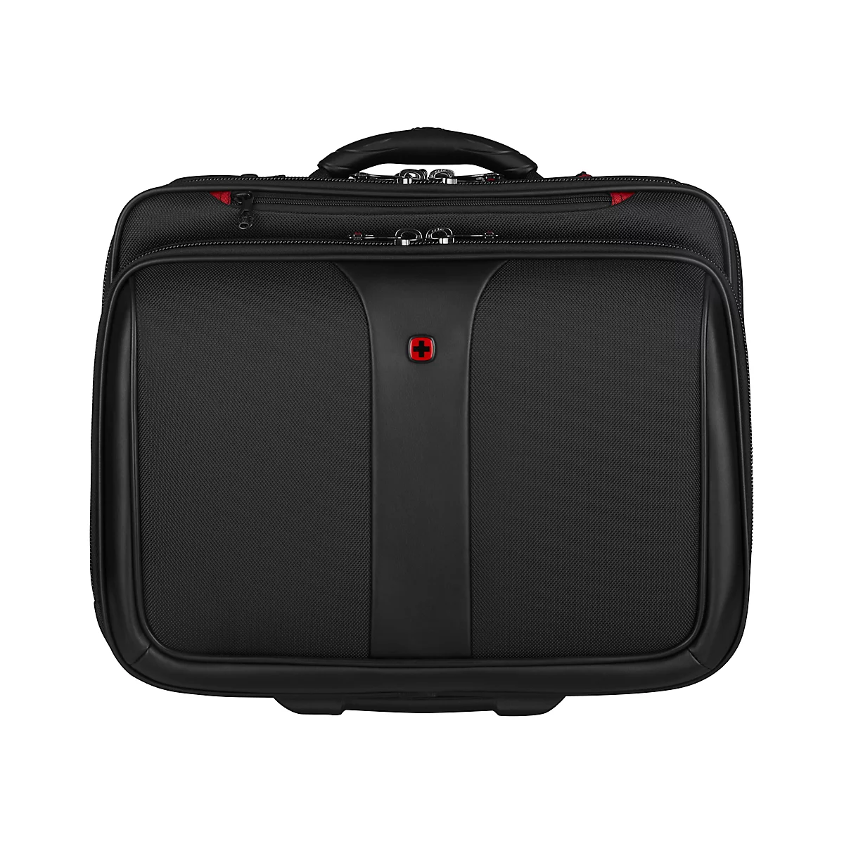 Black laptop bag with red logo and handle.