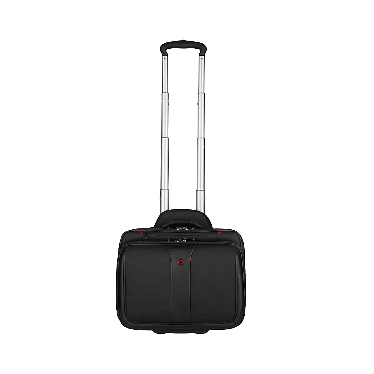 Black rolling suitcase with retractable handle. Red logo, centered. Background is white.