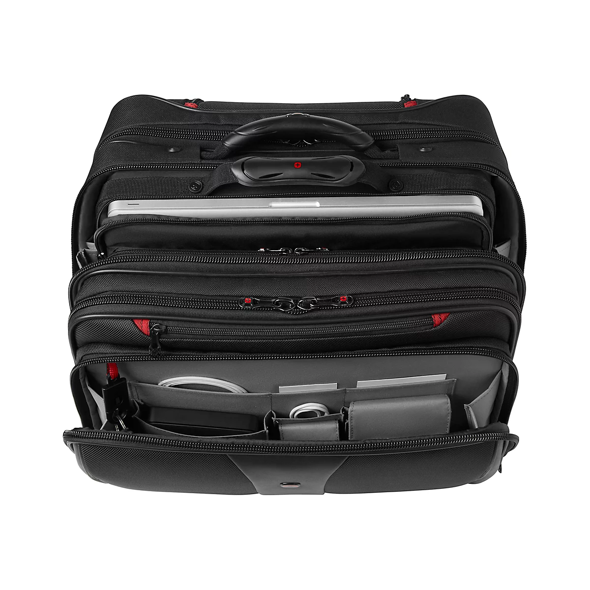 Black briefcase with laptop and accessories, partially open. Interior compartments with cables and cards.