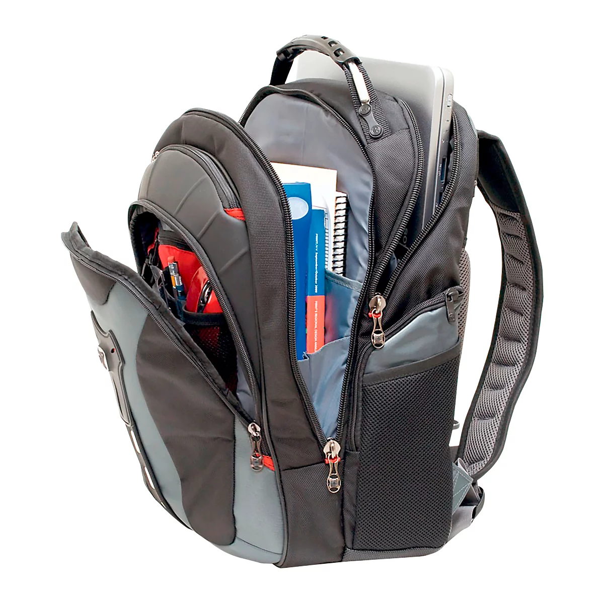 Sac à dos noir avec des accents gris, ouvert et rempli d'un ordinateur portable, de livres et d'articles d'écriture.