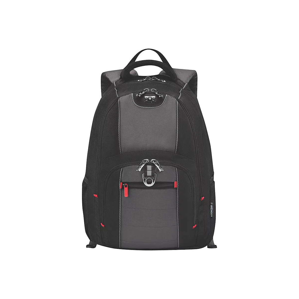 Schwarzer Rucksack mit grauen und roten Akzenten, geÃ¶ffnetem ReiÃŸverschluss.