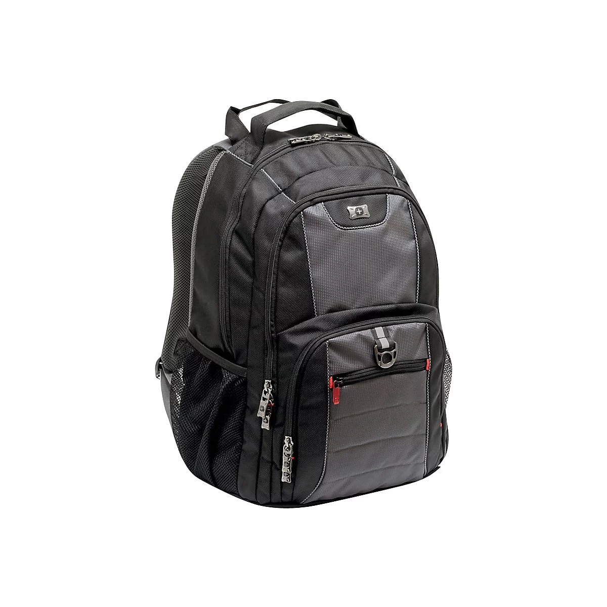 Schwarzer Rucksack mit grauem Fach. Rote ReiÃŸverschlussdetails. Griff oben. Auf weiÃŸem Hintergrund.