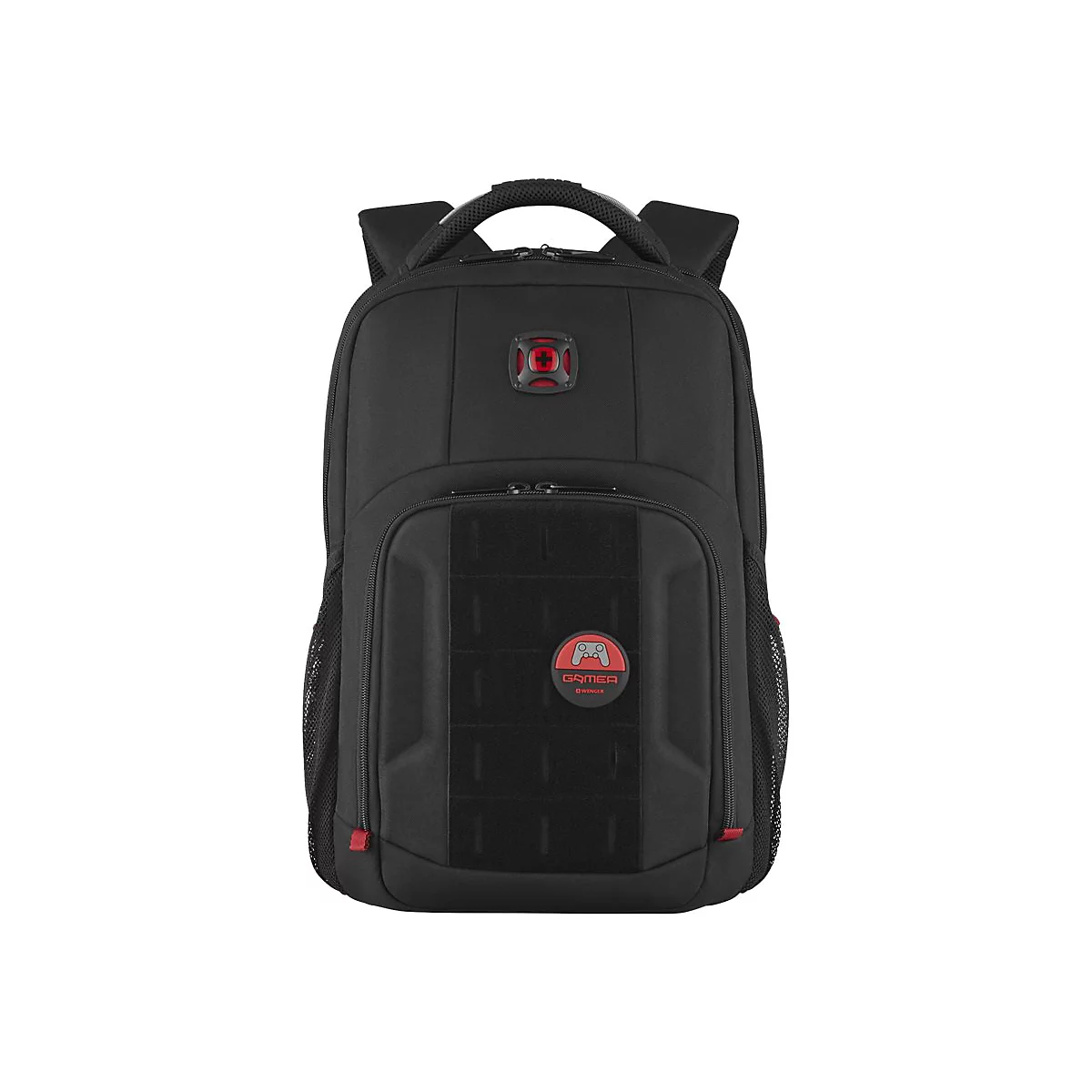 Schwarzer Gamer-Rucksack mit rotem Logo und Schriftzug.