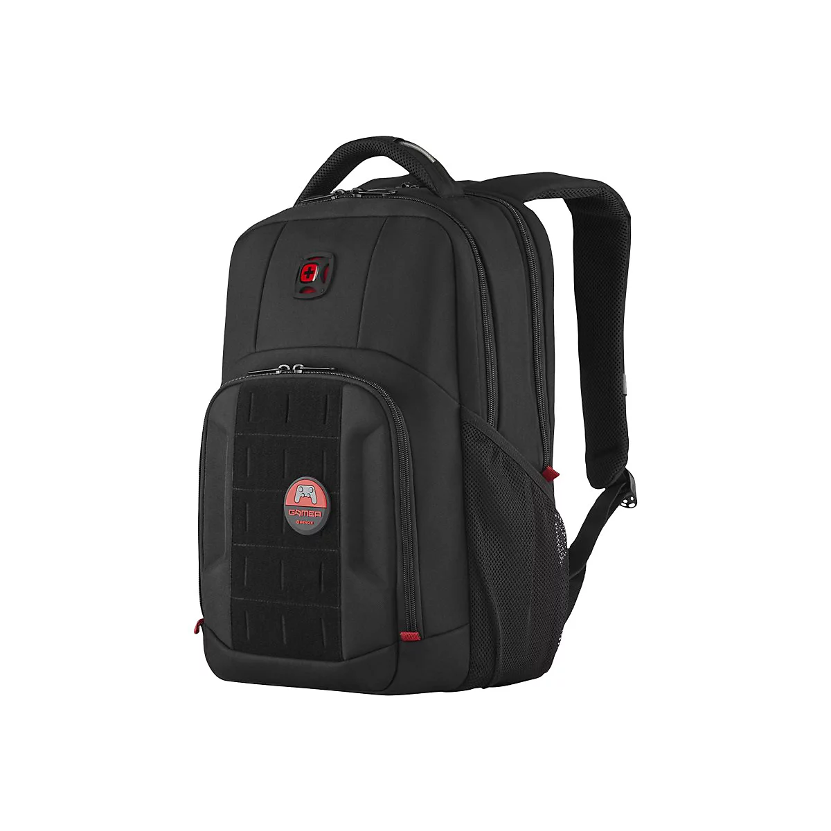 Schwarzer Gamer-Rucksack mit rotem Akzent. Auf der Front ist das Logo "Gamer" mit Controller-Symbol.