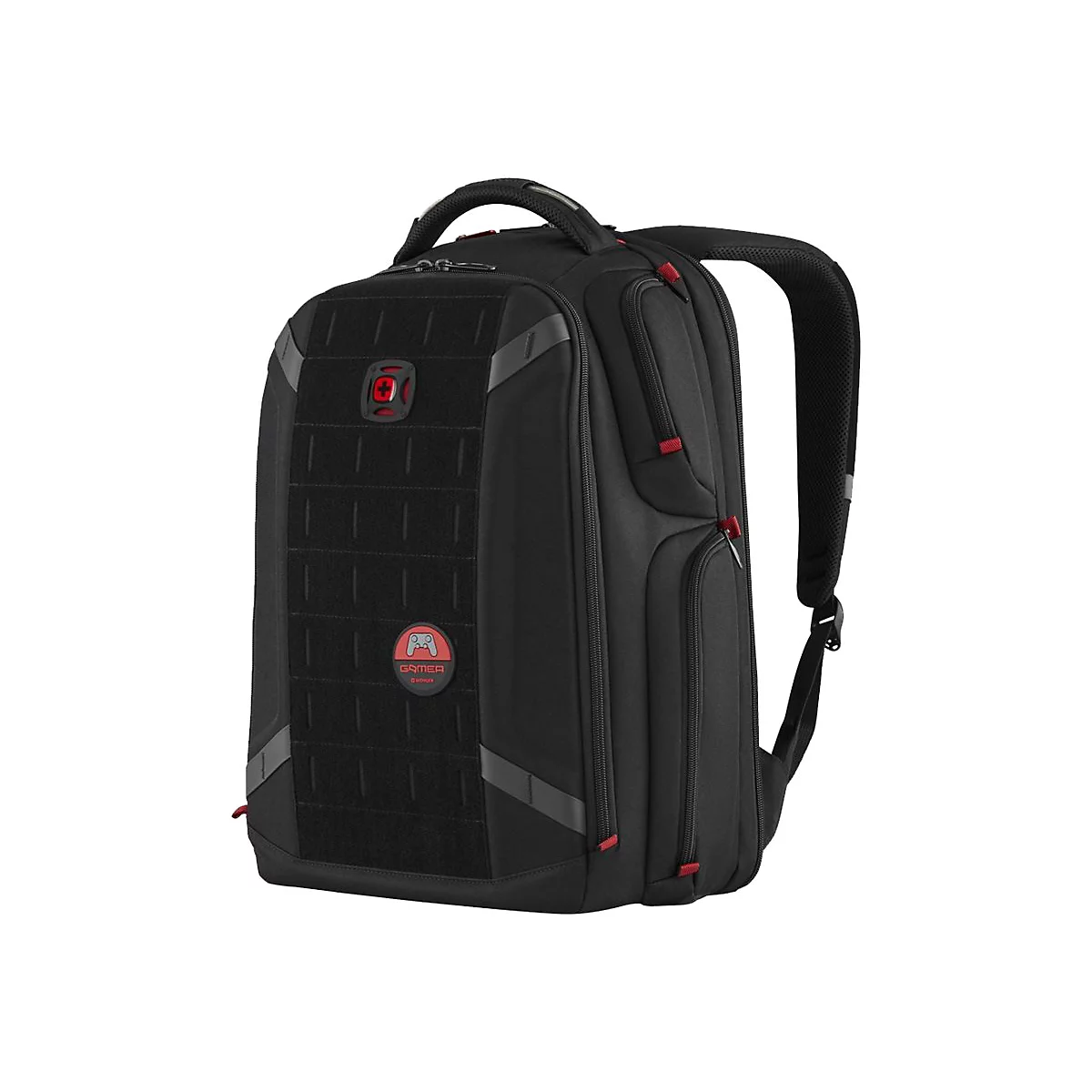 Schwarzer Gamer-Rucksack mit roten Akzenten. Auf der Front befinden sich Klettflächen und das Gamer-Logo.