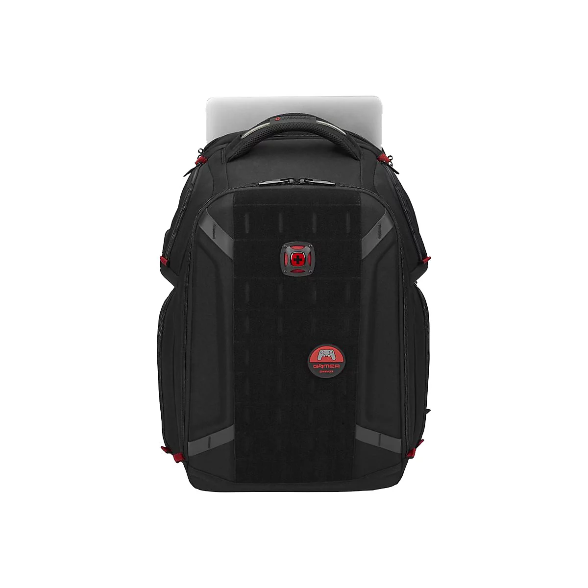 Schwarzer Rucksack mit roter Akzenten, Laptop im Fach. Auf der Front 'Gamer' Logo.