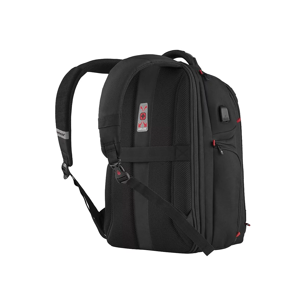 Schwarzer Rucksack mit roter Akzenten, Blick auf die Rückseite. Gut gepolstert, mit Airflow-System und USB-Anschluss.