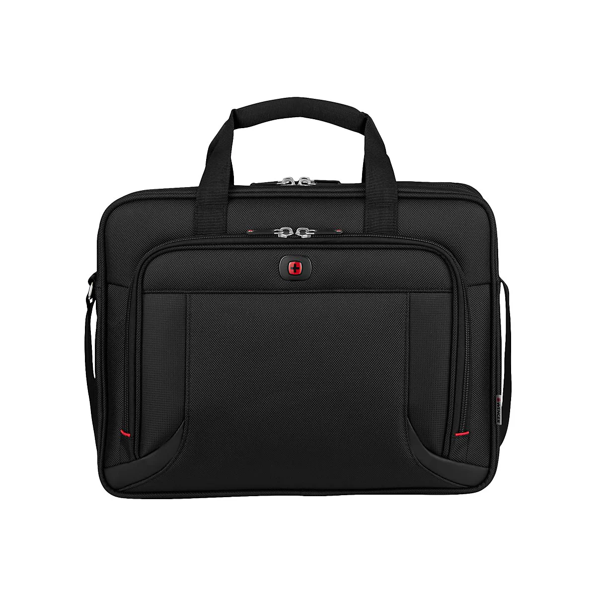 Schwarze Laptoptasche, Frontansicht. Griff, ReiÃŸverschlÃ¼sse und rote Akzente.