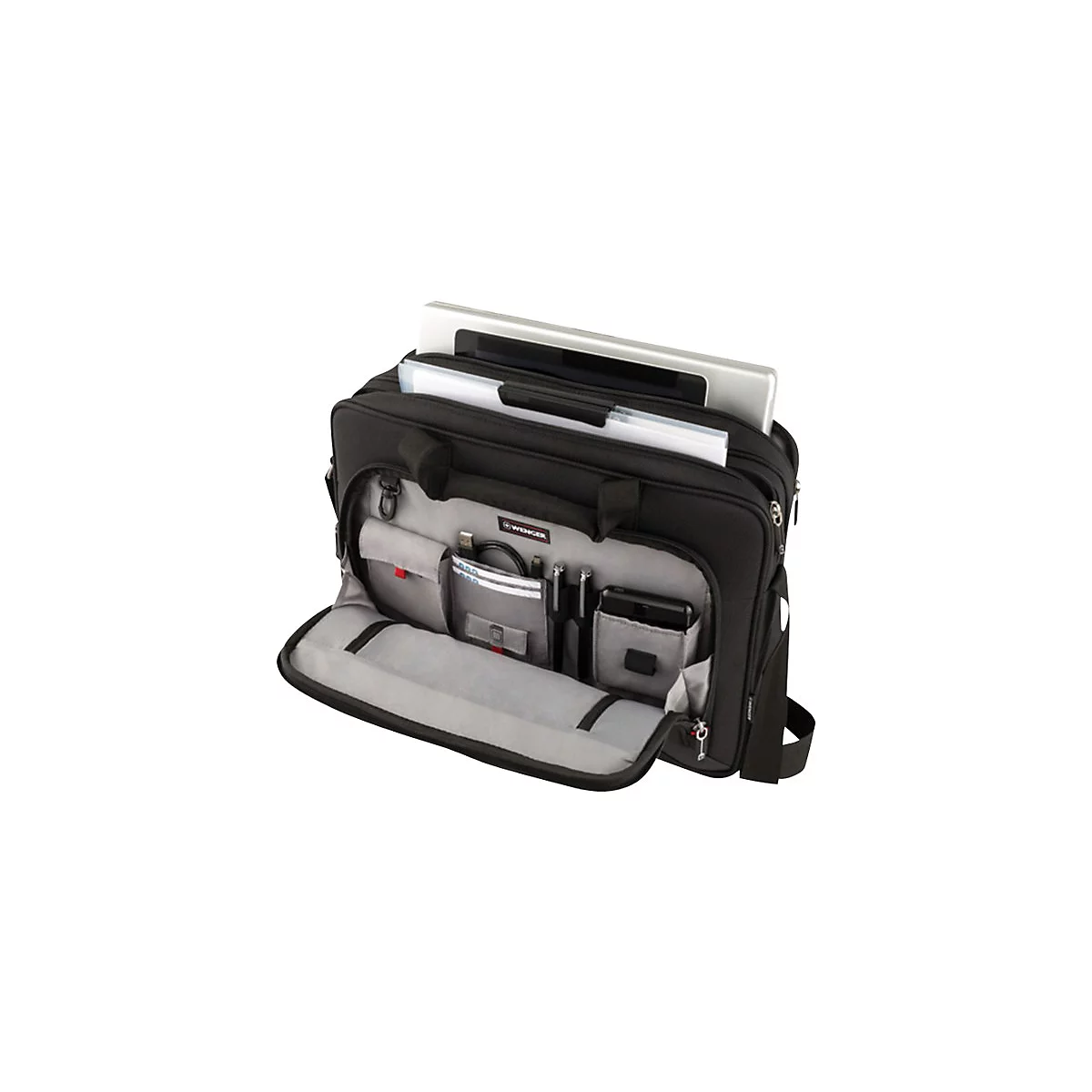 Schwarze Laptoptasche mit offenem Fach, in dem ein Laptop, Unterlagen und Accessoires zu sehen sind.