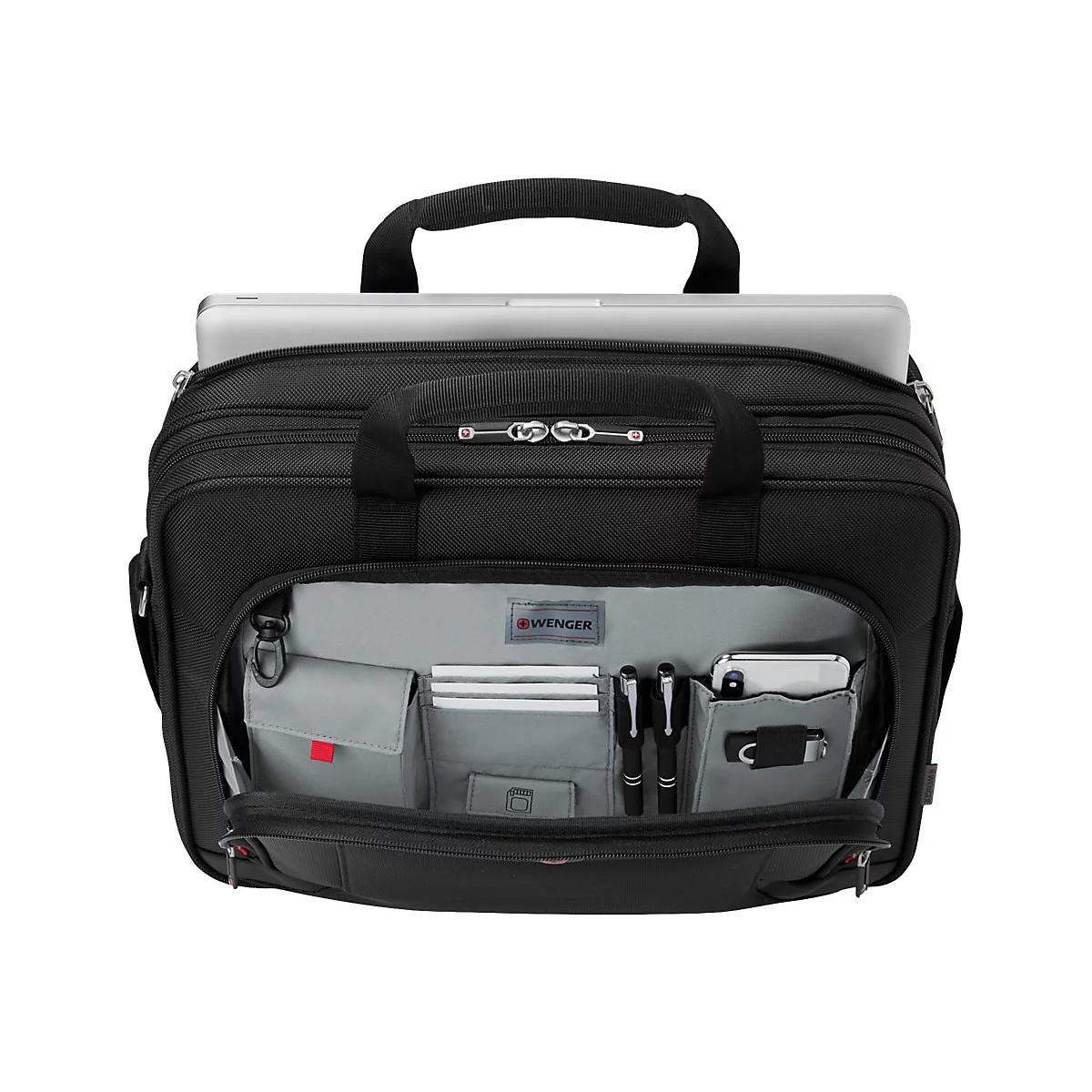 Schwarze Laptoptasche mit offenem Fach. Innen befinden sich Stifte, ein Handy und Karteikarten. Der Griff ist schwarz, oben liegt ein Laptop.