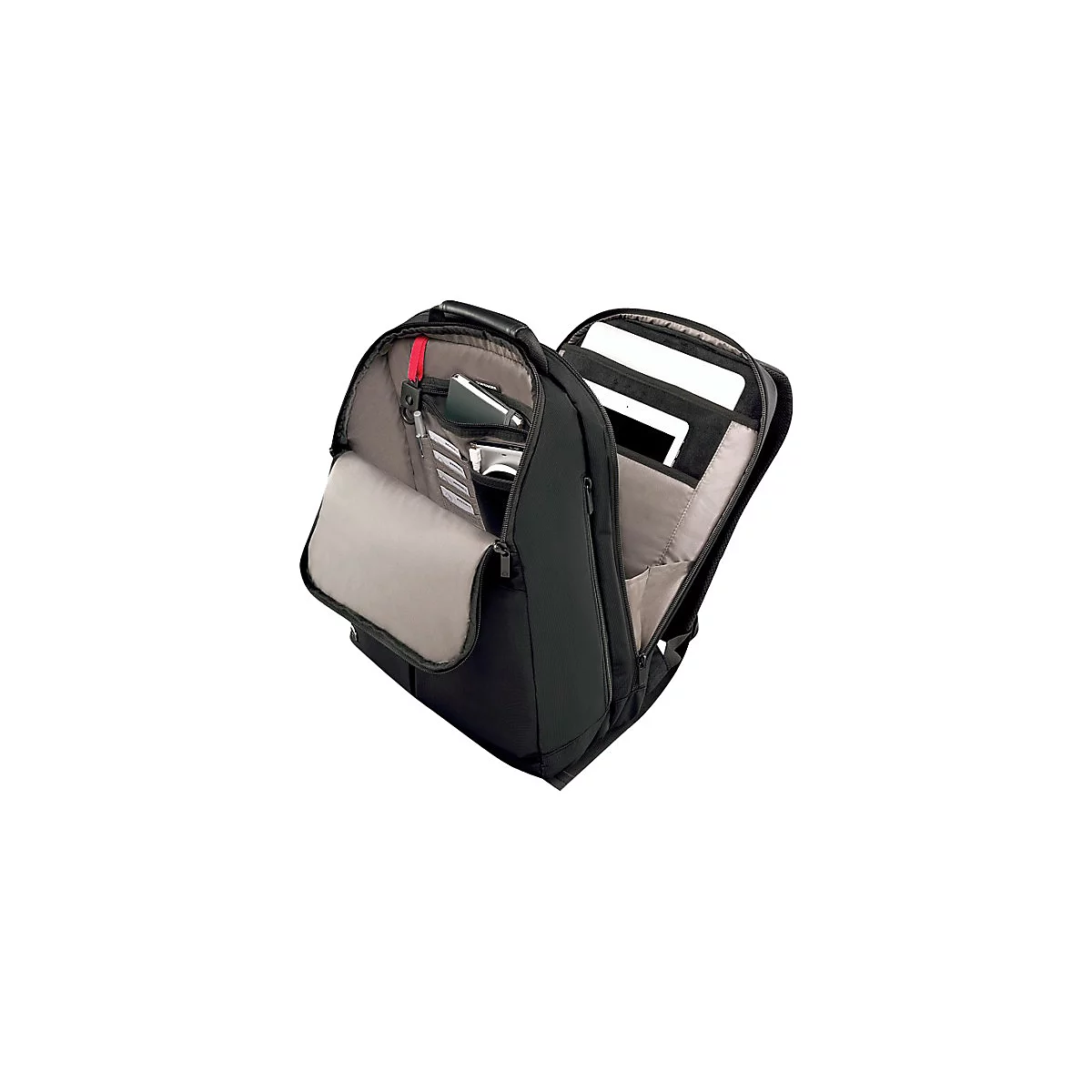 Schwarzer Rucksack, offen, mit verschiedenen FÃ¤chern und GegenstÃ¤nden wie Tablet und Stift.