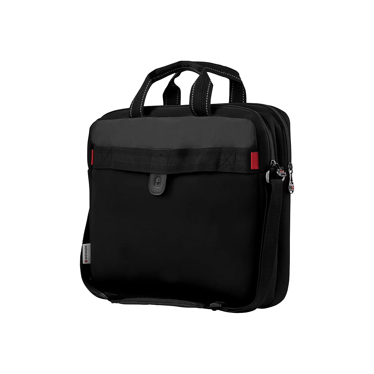 Schwarze Laptoptasche mit Griffen, Schultergurt und rotem Detail.