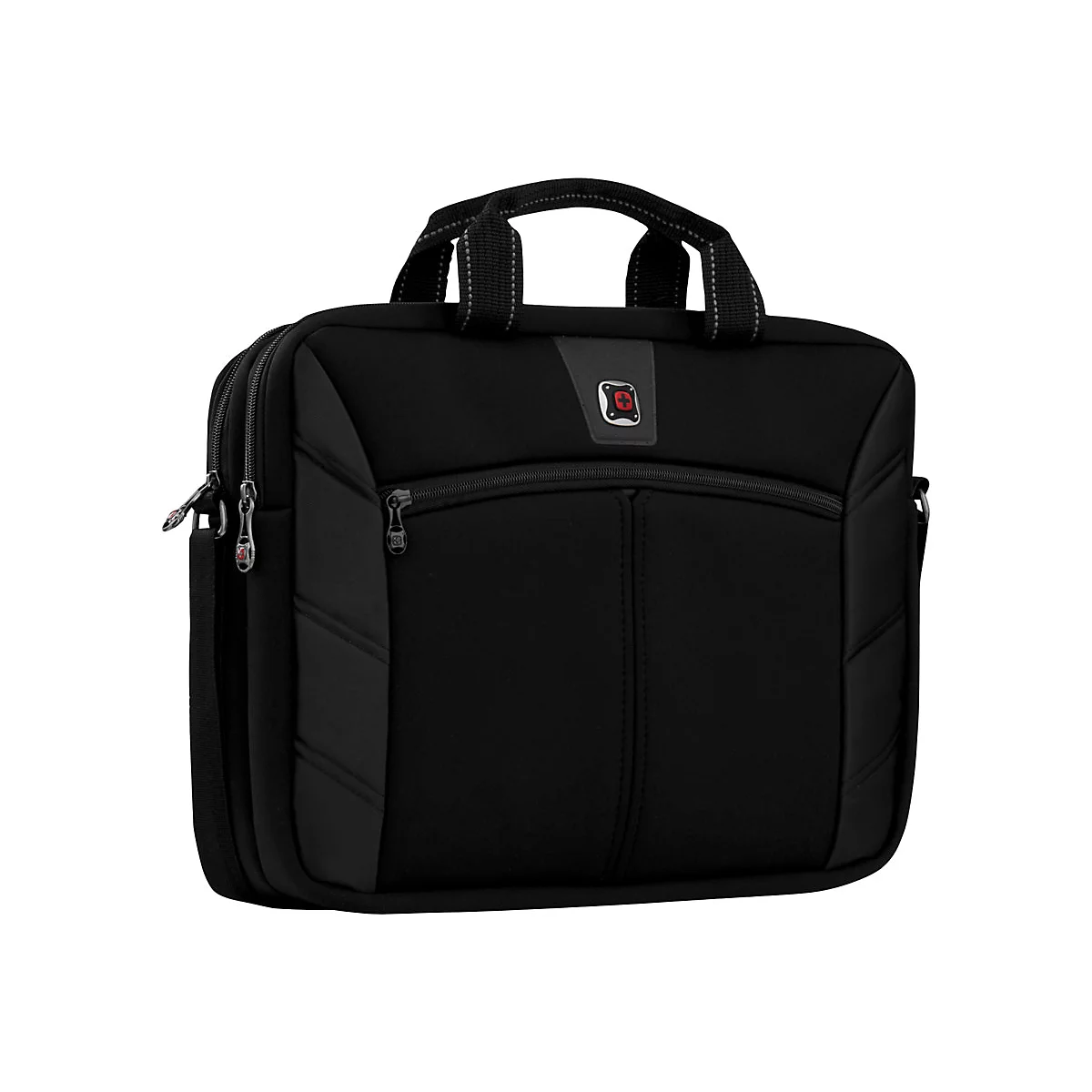 Schwarze Laptoptasche mit Griffen und ReiÃŸverschlÃ¼ssen, vor weiÃŸem Hintergrund.