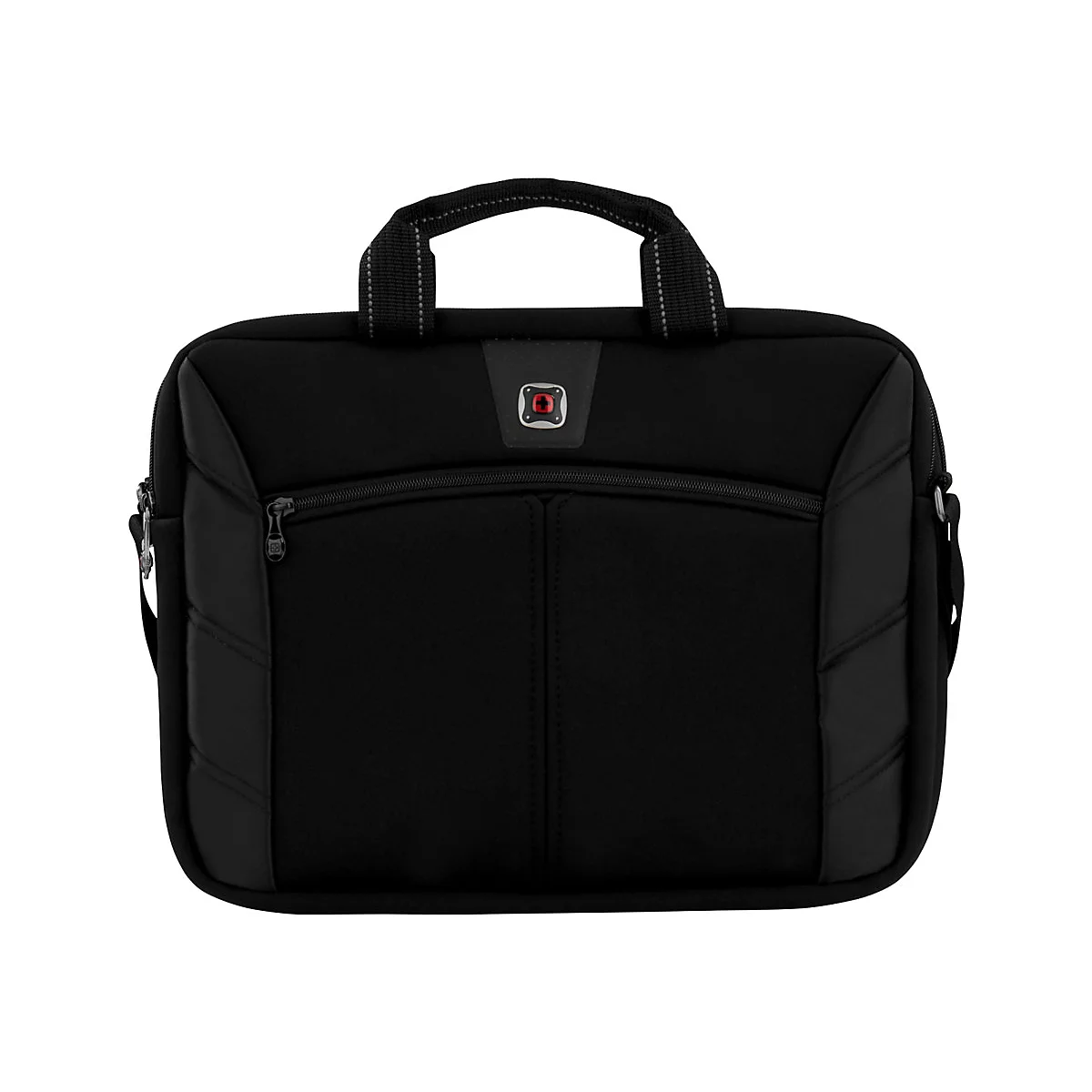 Schwarze Laptoptasche mit Tragegriff und ReiÃŸverschluss, rotes Logo auf der Vorderseite.