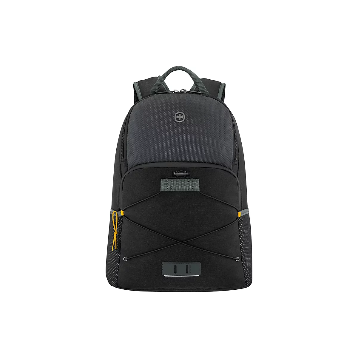 Schwarzer Rucksack mit dunkelgrauen und gelben Akzenten. Oben das Schweizer Kreuz auf dunklem Grund.