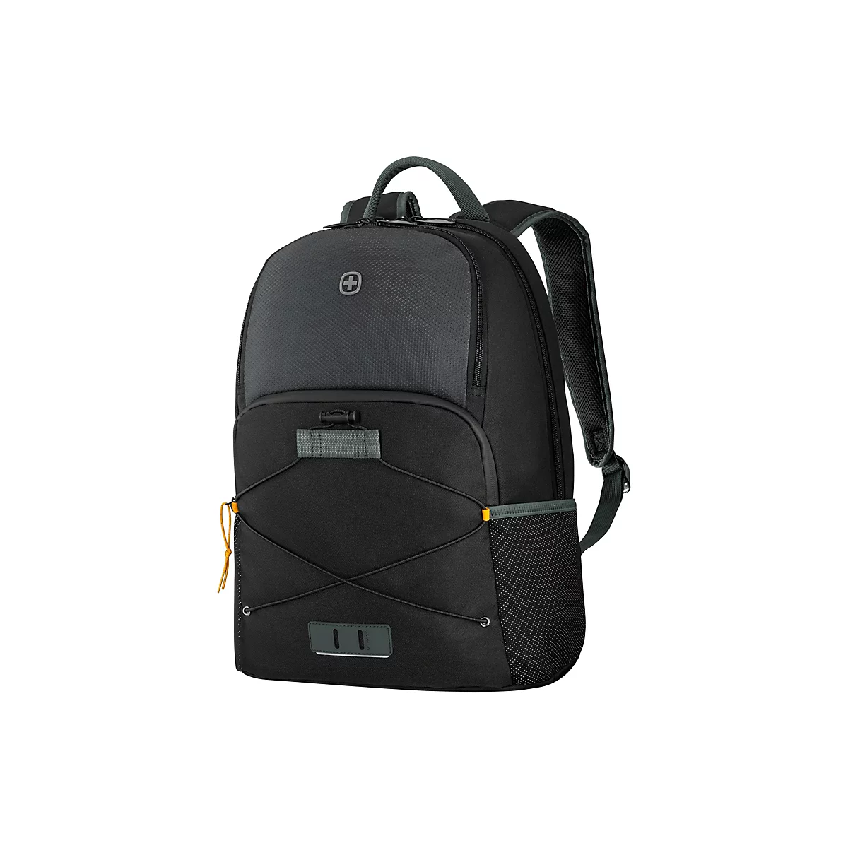 Schwarzer Rucksack mit dunkelgrauen und orangen Akzenten. Oben Logo mit Kreuz, vorn Zugschnüre. Auf weißem Hintergrund.