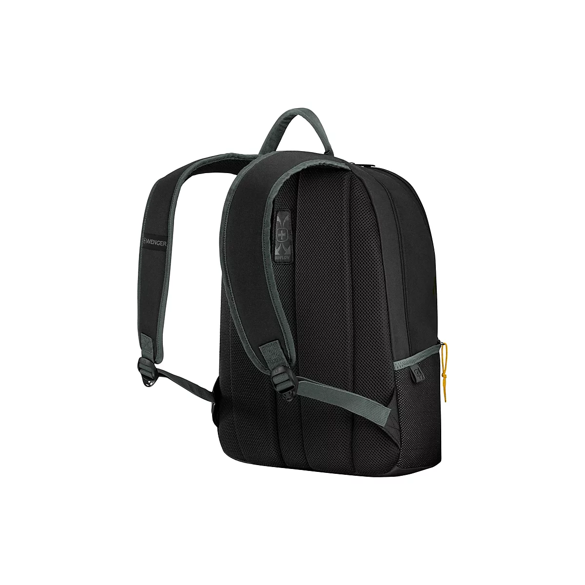 Schwarzer Rucksack mit grauen Akzenten. Der Rücken hat ein atmungsaktives Netzgewebe, der Schultergurt ist verstellbar. Auf dem Rucksack ist der Schriftzug WENGER zu sehen.